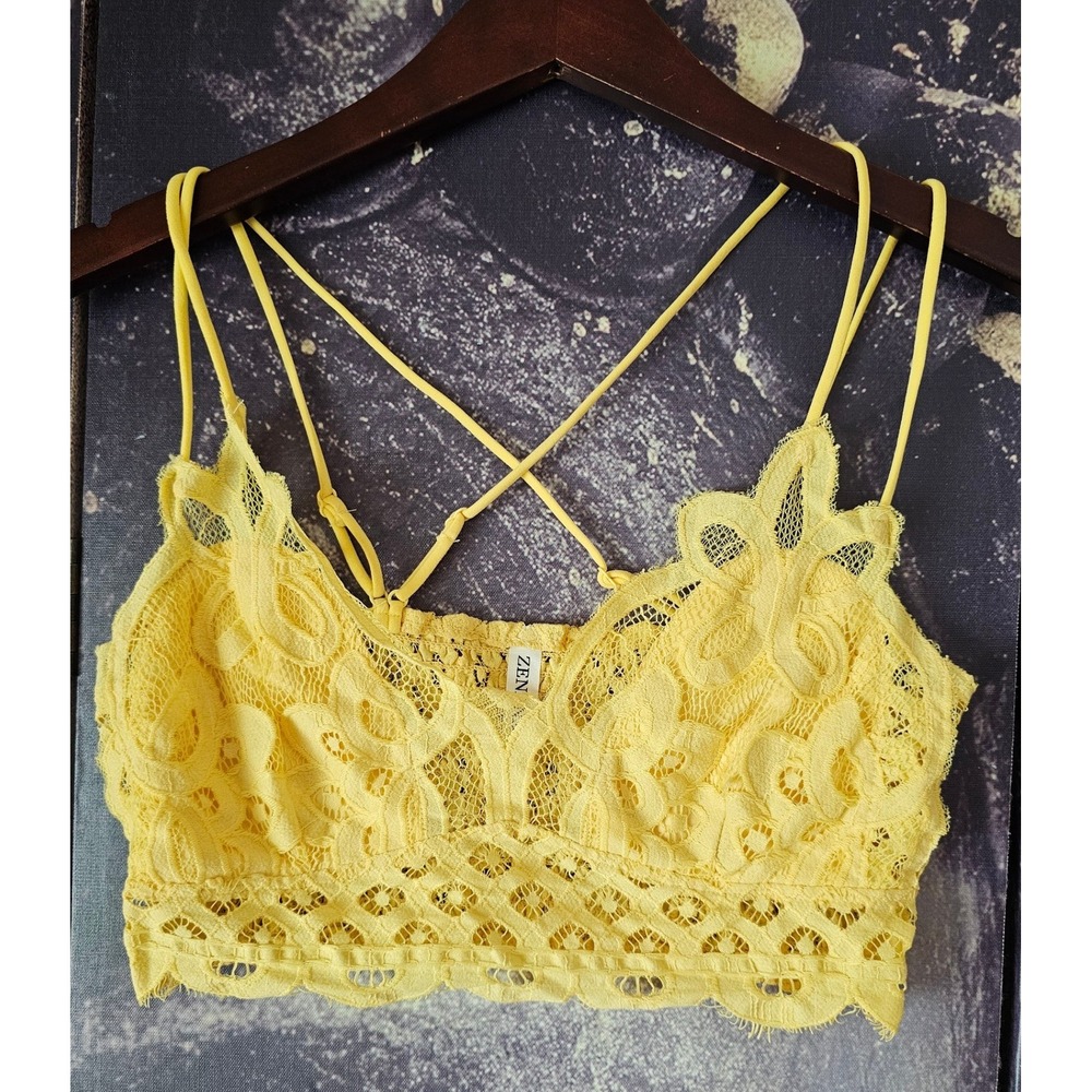 Zenana Yellow Lace Bralette Adjustable Straps Smocked Back Floral Large